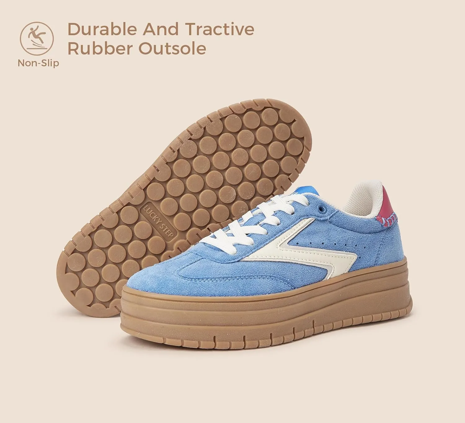 LUCKY STEP Women's Platform Sneakers Gum Sole Suede Casual Classic Retro Rubber Thick Sole Trendy Fashion Tennis Walking Shoes