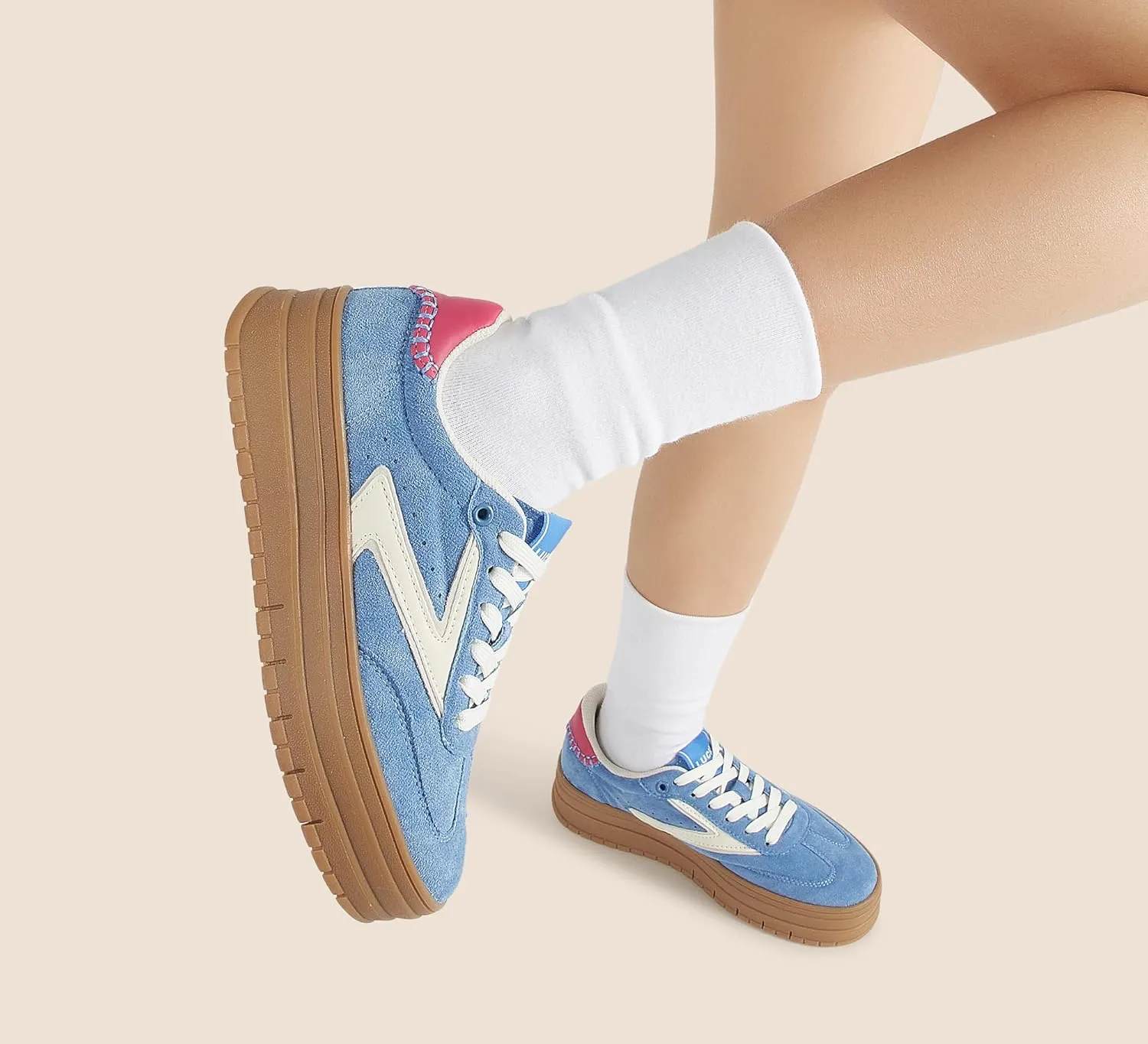 LUCKY STEP Women's Platform Sneakers Gum Sole Suede Casual Classic Retro Rubber Thick Sole Trendy Fashion Tennis Walking Shoes