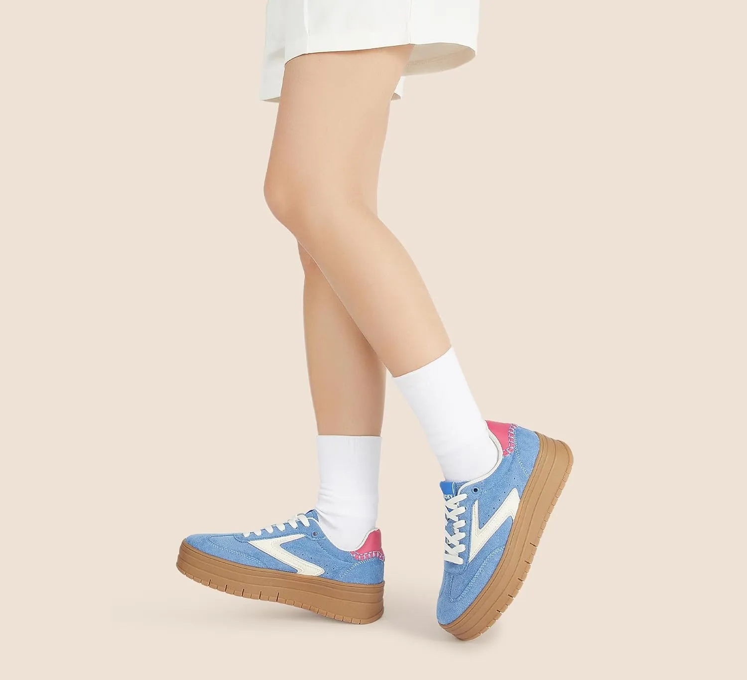 LUCKY STEP Women's Platform Sneakers Gum Sole Suede Casual Classic Retro Rubber Thick Sole Trendy Fashion Tennis Walking Shoes