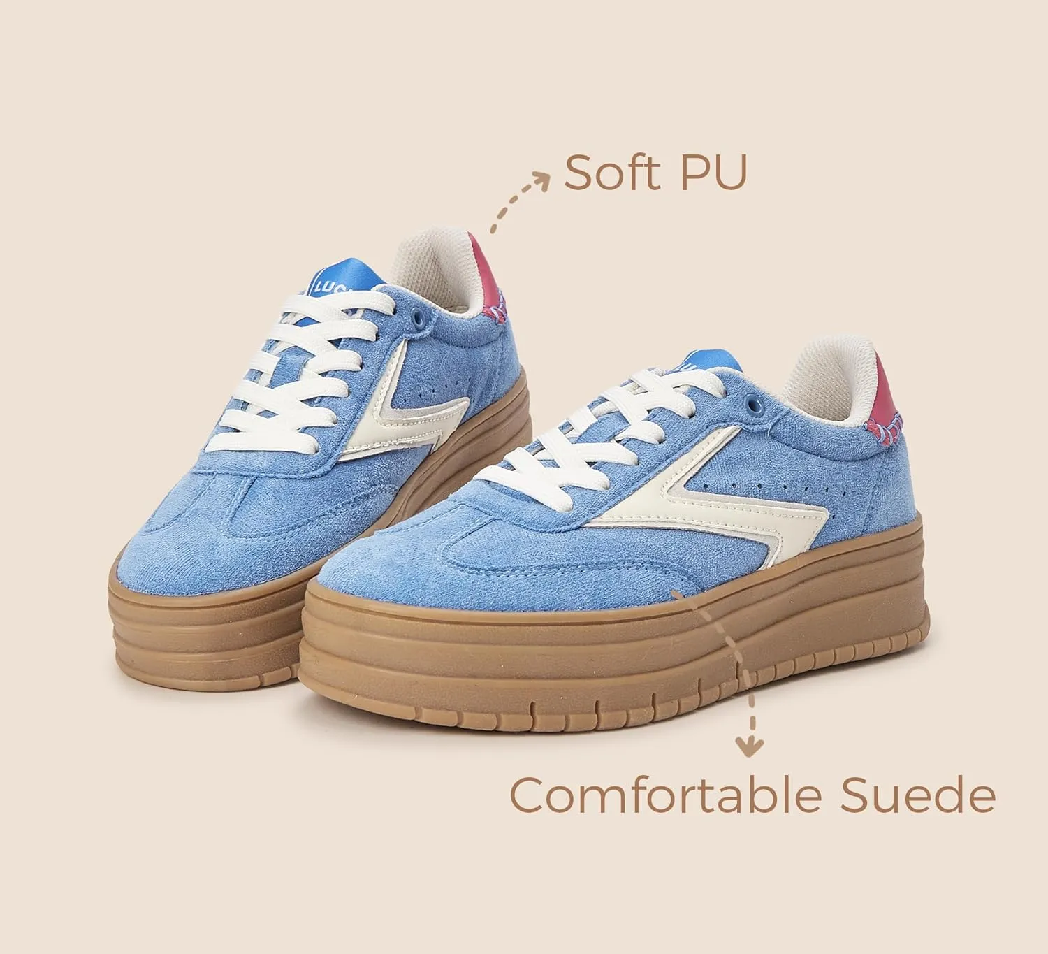 LUCKY STEP Women's Platform Sneakers Gum Sole Suede Casual Classic Retro Rubber Thick Sole Trendy Fashion Tennis Walking Shoes