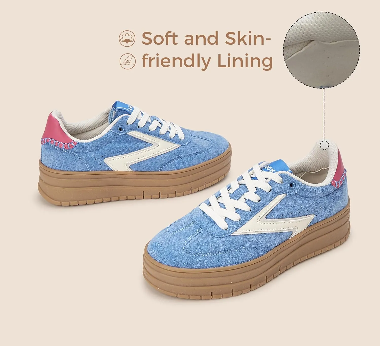 LUCKY STEP Women's Platform Sneakers Gum Sole Suede Casual Classic Retro Rubber Thick Sole Trendy Fashion Tennis Walking Shoes