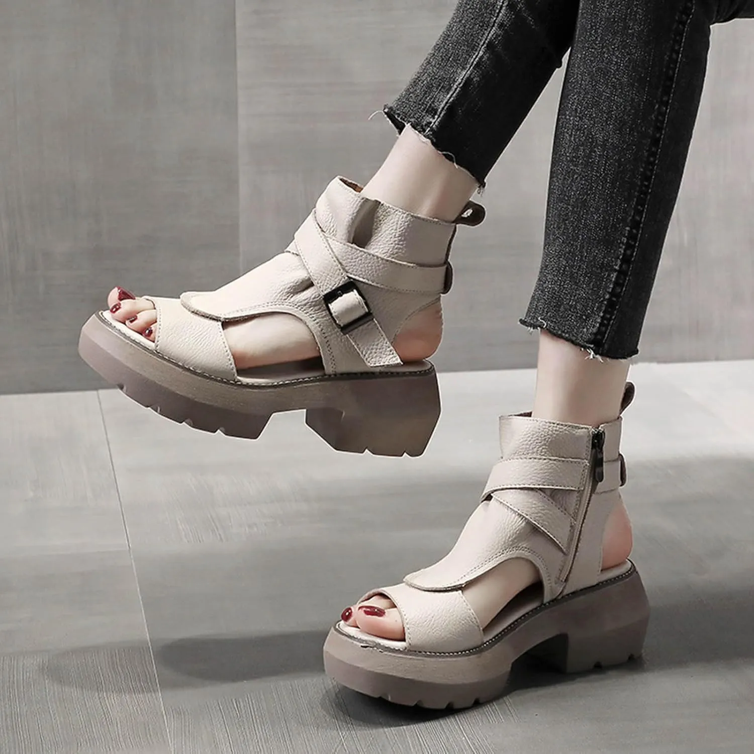 Lug Sole High Top Sandals for Women Low Heel Open Toe Ankle Buckle Strap Sandal, Women's Summer Platform Shoes