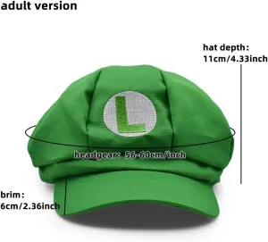 Luigi Hat Wario Waluigi Fire Embroidered Green Beret Cap Cotton Elastic Newsboy Cap Costume Halloween Hat for Unisex Adults Teenagers Kids