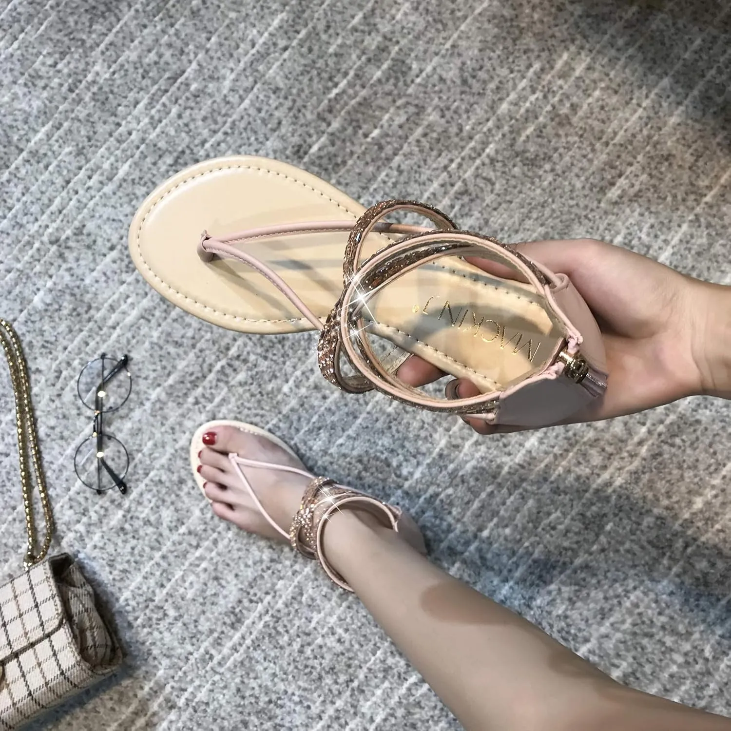 MACKIN J 566-1 Women's Gladiator Sandals Thong Ankle Strap Rhinestone Flat Sandals