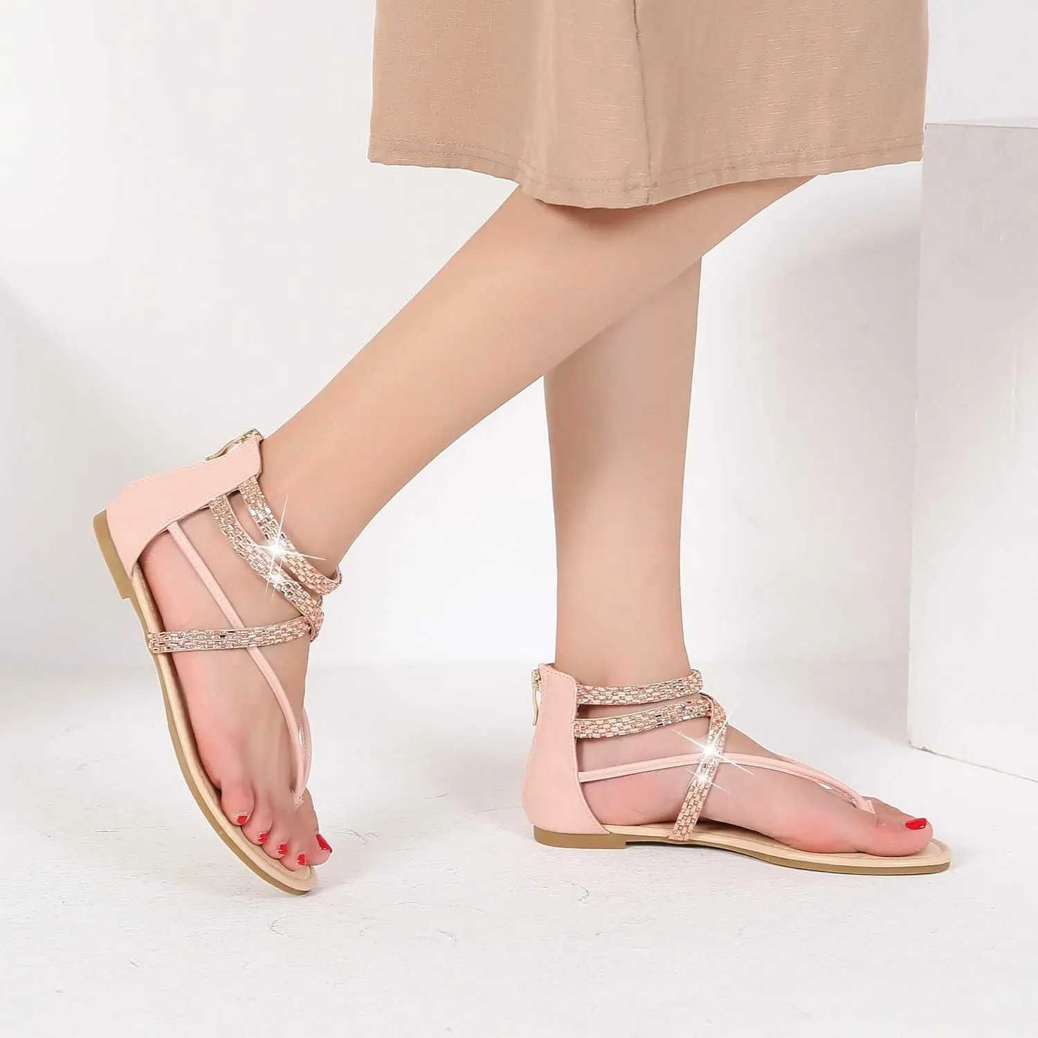 MACKIN J 566-1 Women's Gladiator Sandals Thong Ankle Strap Rhinestone Flat Sandals