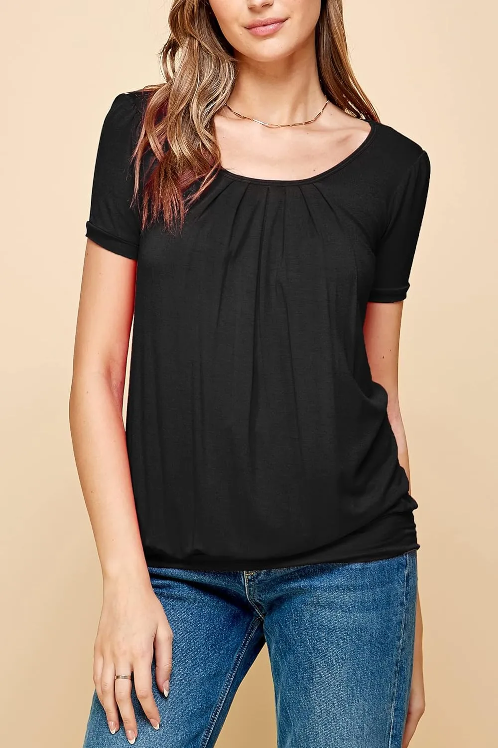 Made By Johnny Women's Scoop Neck Short Sleeve Pleated Front Blouse Tunic Top Plus Size