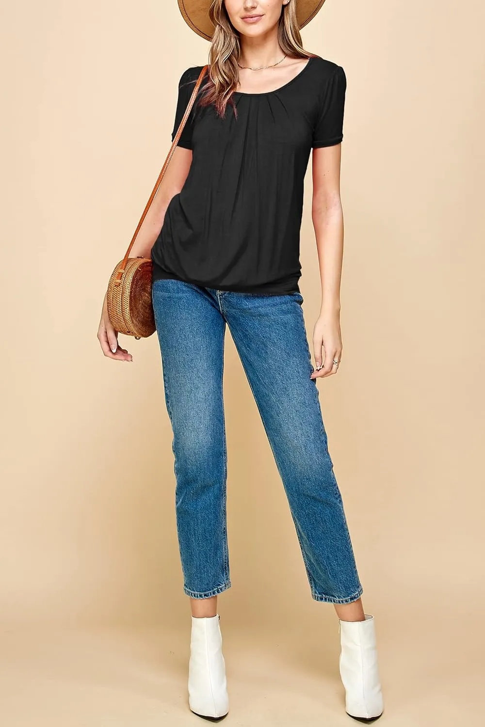 Made By Johnny Women's Scoop Neck Short Sleeve Pleated Front Blouse Tunic Top Plus Size