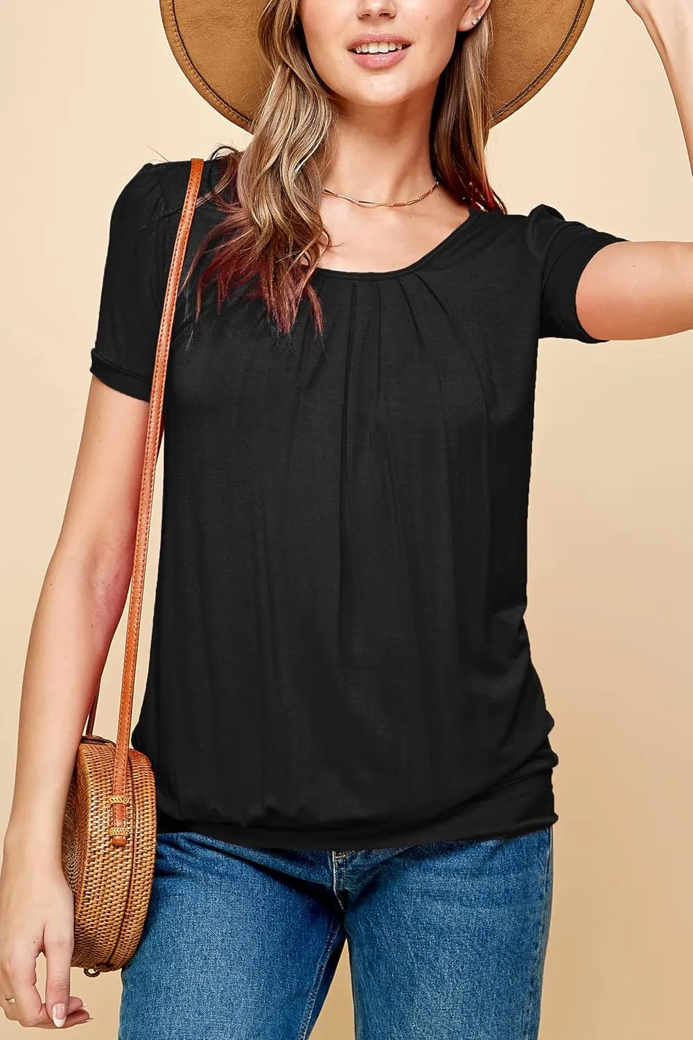 Made By Johnny Women's Scoop Neck Short Sleeve Pleated Front Blouse Tunic Top Plus Size