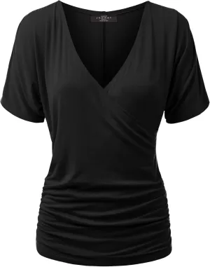 Made By Johnny Women's V Neck Short Sleeve Wrap Front Drape Dolman Tunic Top