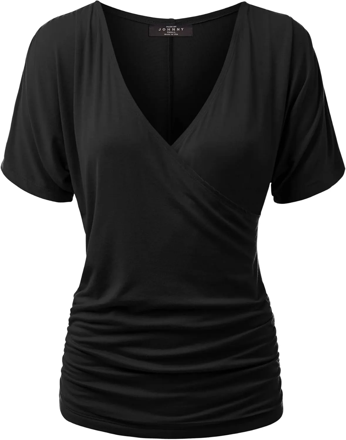 Made By Johnny Women's V Neck Short Sleeve Wrap Front Drape Dolman Tunic Top
