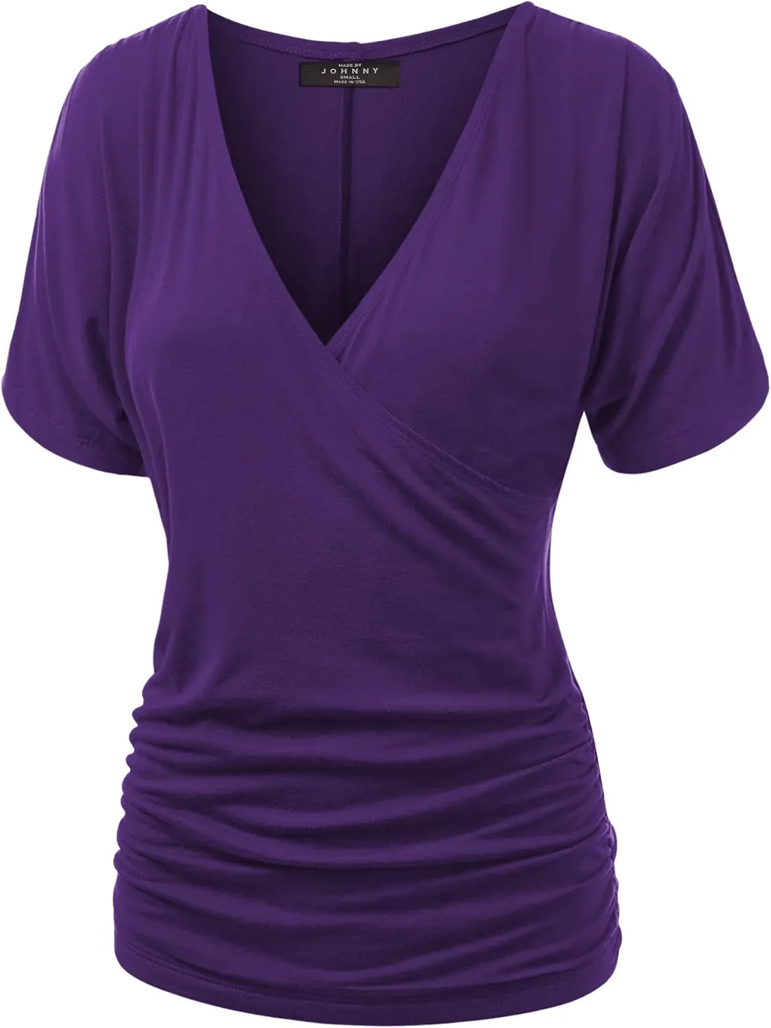 Made By Johnny Women's V Neck Short Sleeve Wrap Front Drape Dolman Tunic Top