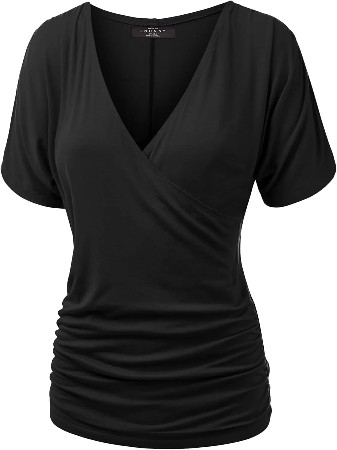 Made By Johnny Women's V Neck Short Sleeve Wrap Front Drape Dolman Tunic Top