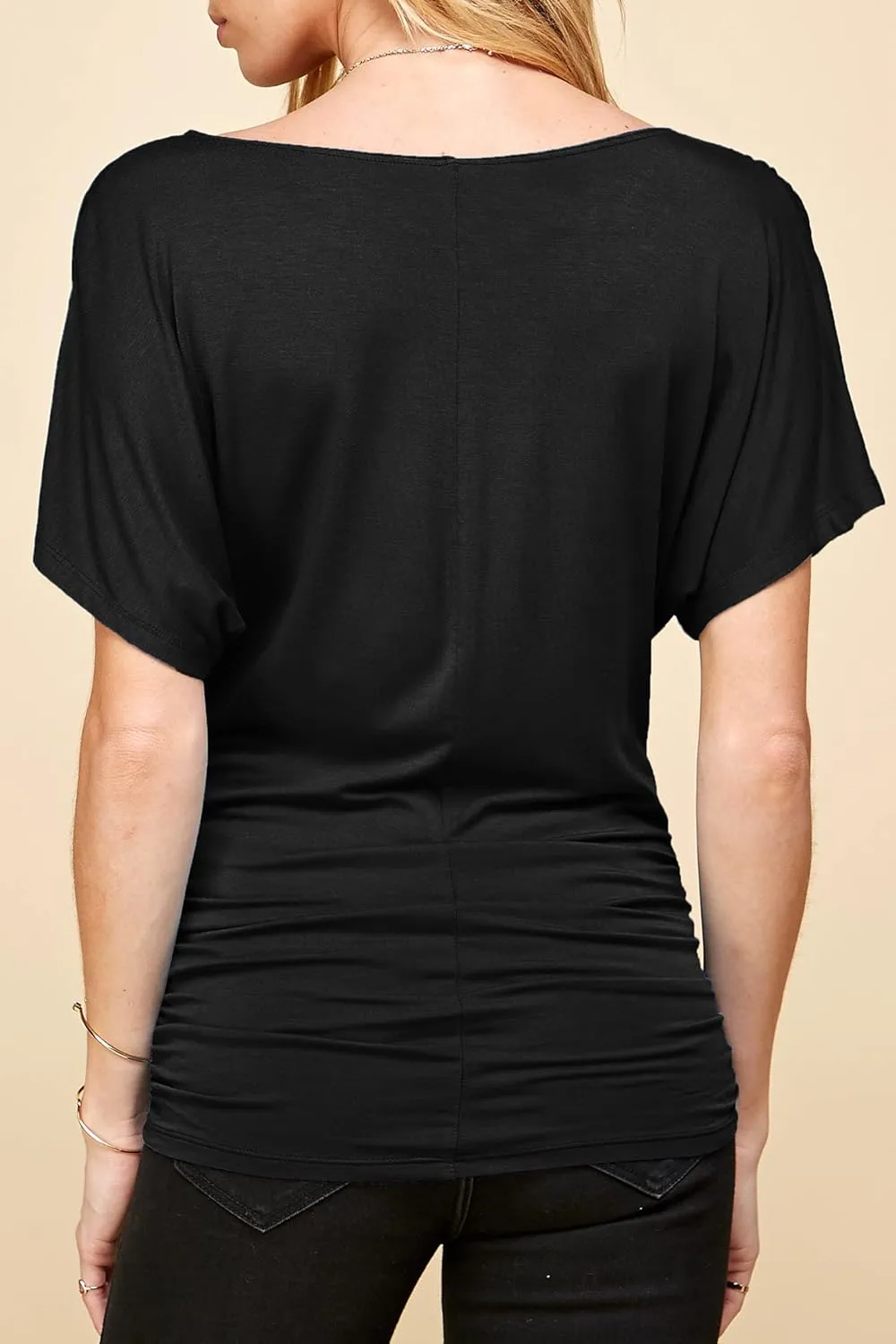 Made By Johnny Women's V Neck Short Sleeve Wrap Front Drape Dolman Tunic Top