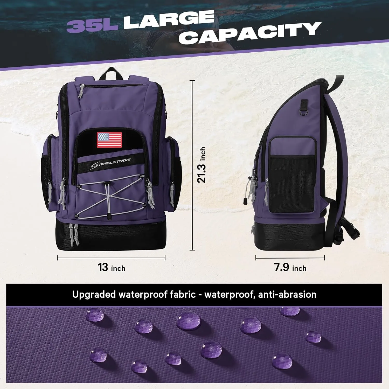 Maelstrom Swim Backpack,35L Swimming bag with Separate Shoes Compartment,Swim Gear Bag,Athlete Gym Rucksack for Men and Women
