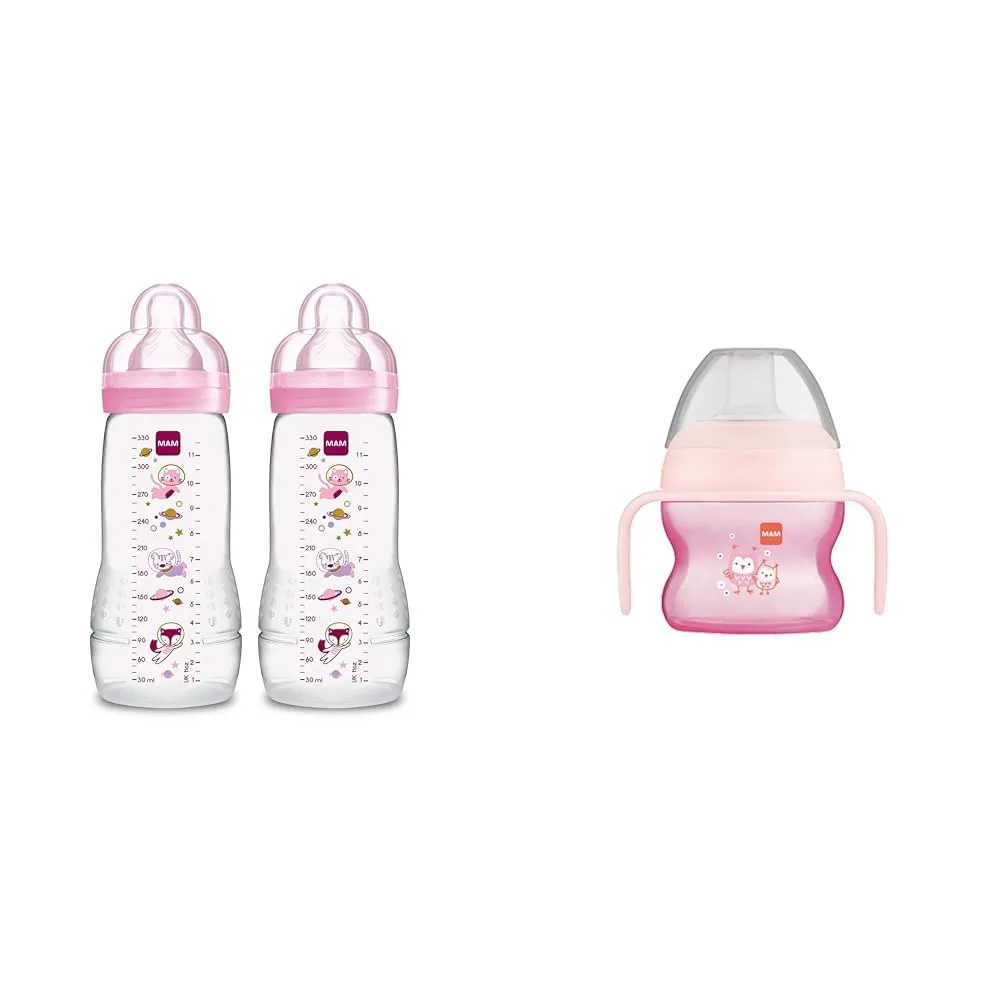 MAM Easy Active 11oz Baby Bottle & 5oz Sippy Cup for 4  Month Old Girls, Pink