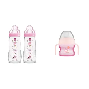 MAM Easy Active 11oz Baby Bottle & 5oz Sippy Cup for 4  Month Old Girls, Pink
