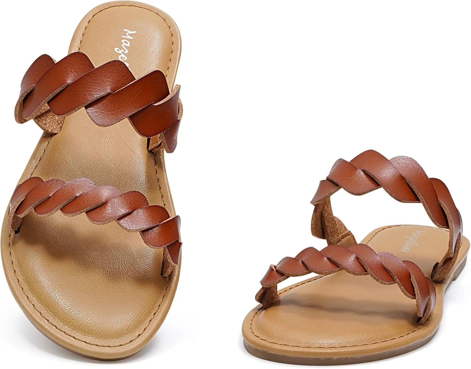 mazeskin Women's Memory Foam Two Braid Band Comfortable Summer Flat Slide Sandals