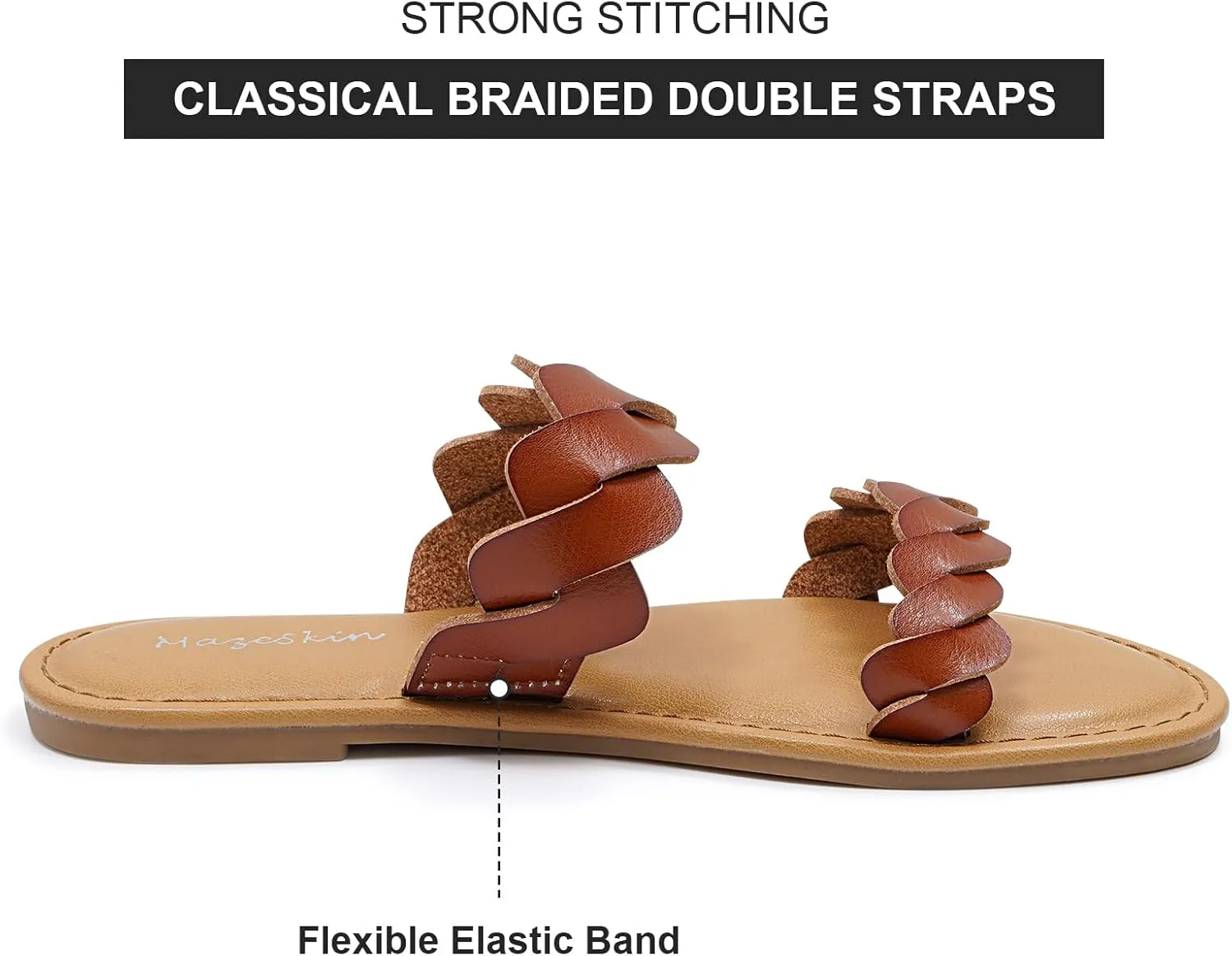 mazeskin Women's Memory Foam Two Braid Band Comfortable Summer Flat Slide Sandals