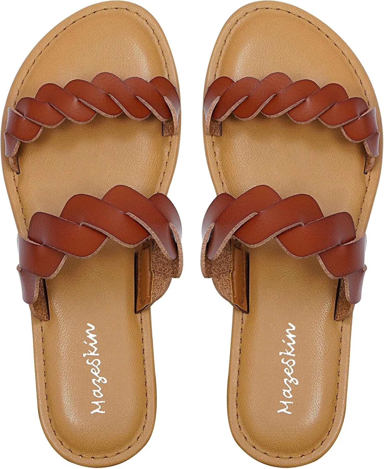 mazeskin Women's Memory Foam Two Braid Band Comfortable Summer Flat Slide Sandals