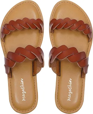 mazeskin Women's Memory Foam Two Braid Band Comfortable Summer Flat Slide Sandals
