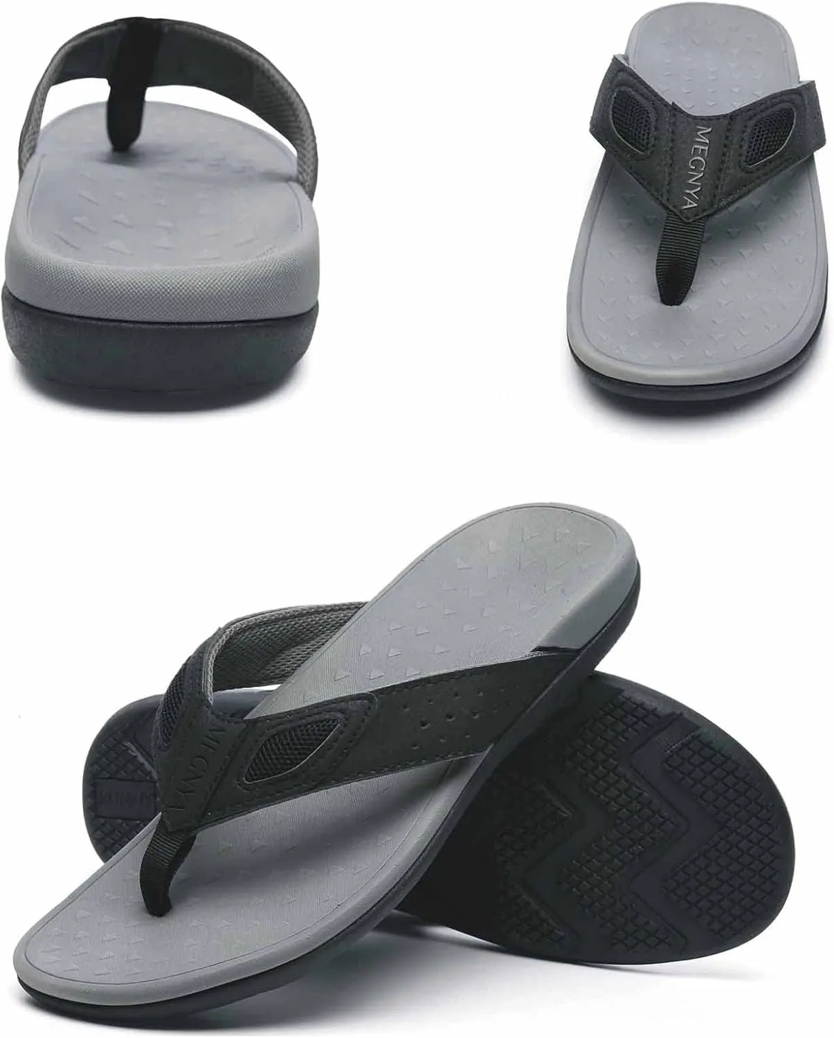 MEGNYA Mens Orthopedic Flip Flops for Plantar Fasciitis, Athletic Toe-Post Sandals with Arch Support, Comfort Walking Thong Slippers for Sport Exercise Activities
