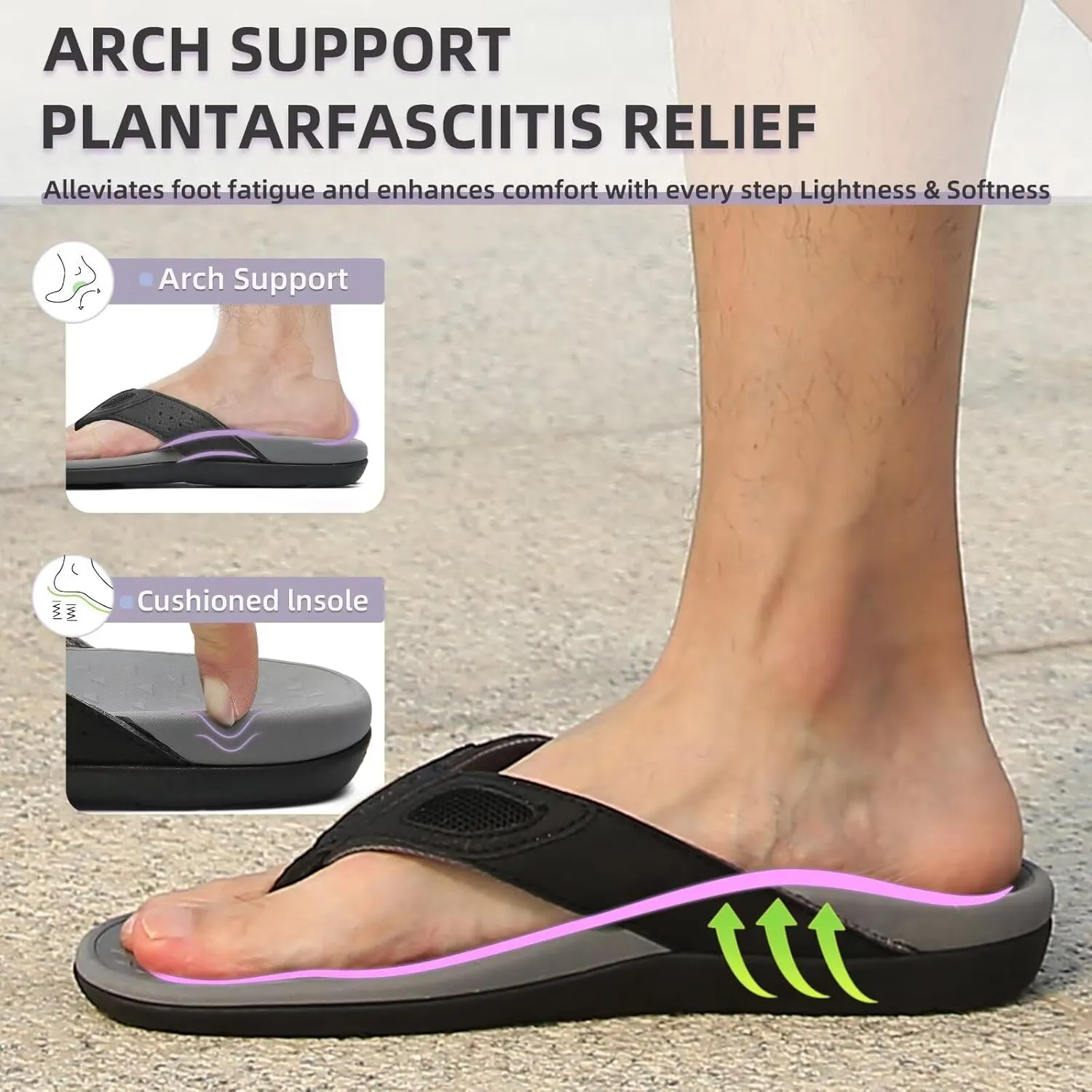 MEGNYA Mens Orthopedic Flip Flops for Plantar Fasciitis, Athletic Toe-Post Sandals with Arch Support, Comfort Walking Thong Slippers for Sport Exercise Activities