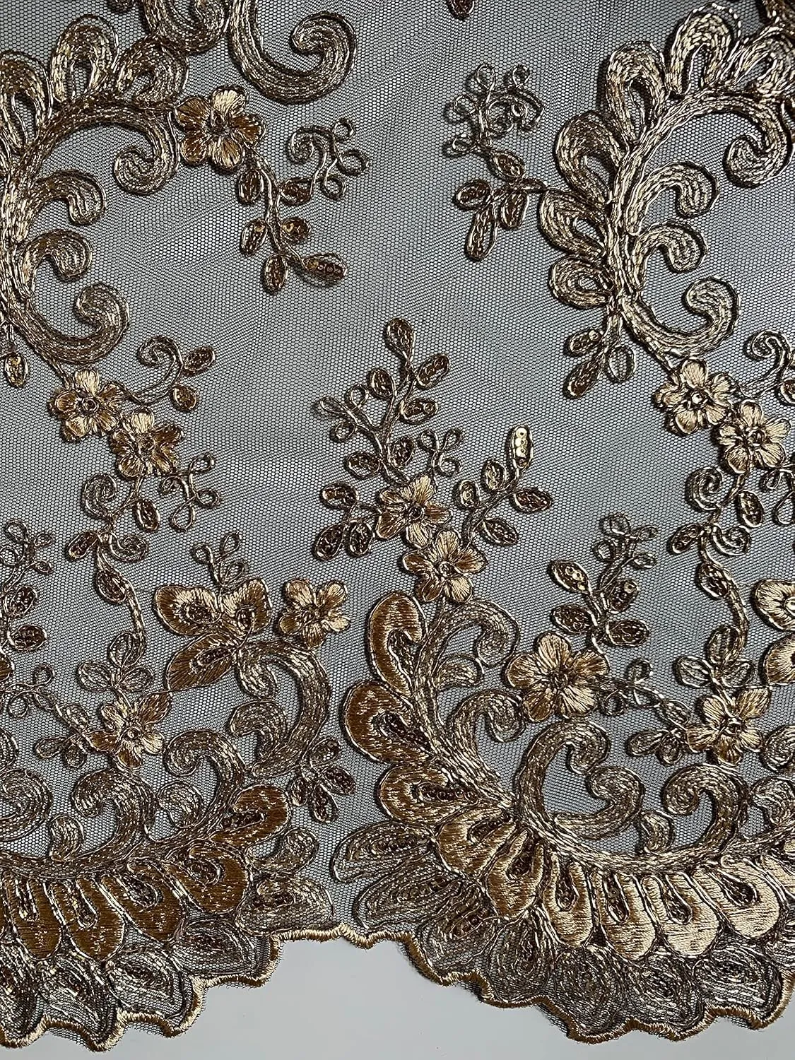Melody Gold Polyester Floral Embroidery with Sequins on Black Mesh Lace Fabric by The Yard for Gown, Wedding, Bridesmaid, Prom - 10002