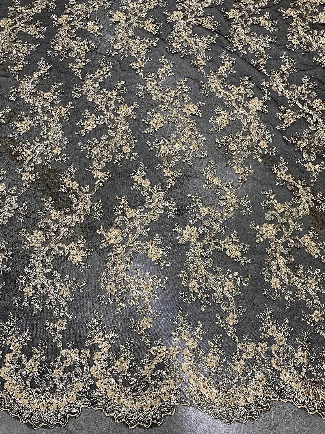 Melody Gold Polyester Floral Embroidery with Sequins on Black Mesh Lace Fabric by The Yard for Gown, Wedding, Bridesmaid, Prom - 10002