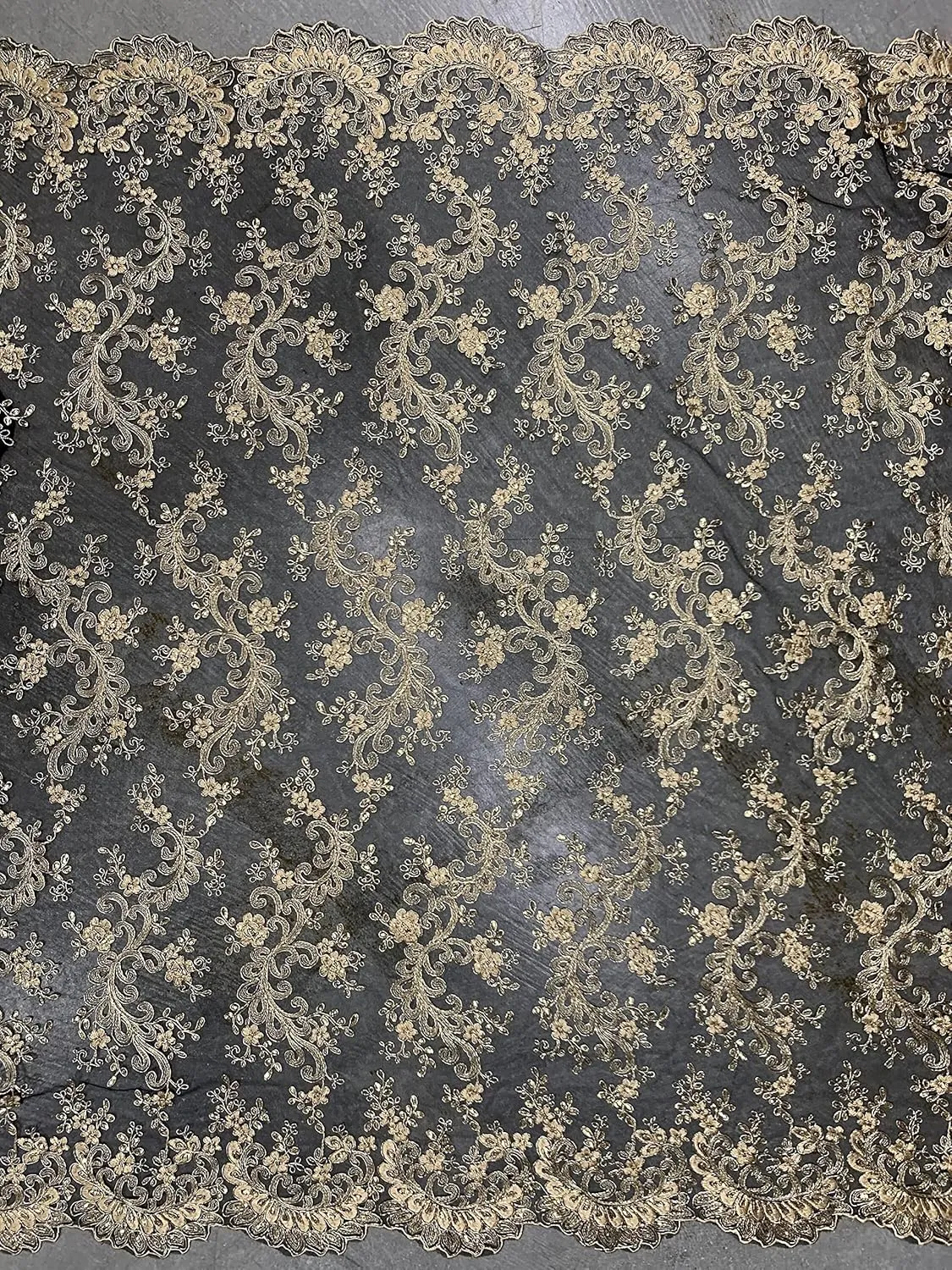 Melody Gold Polyester Floral Embroidery with Sequins on Black Mesh Lace Fabric by The Yard for Gown, Wedding, Bridesmaid, Prom - 10002