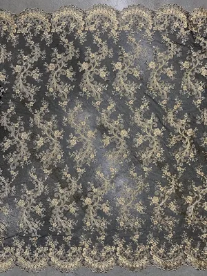 Melody Gold Polyester Floral Embroidery with Sequins on Black Mesh Lace Fabric by The Yard for Gown, Wedding, Bridesmaid, Prom - 10002