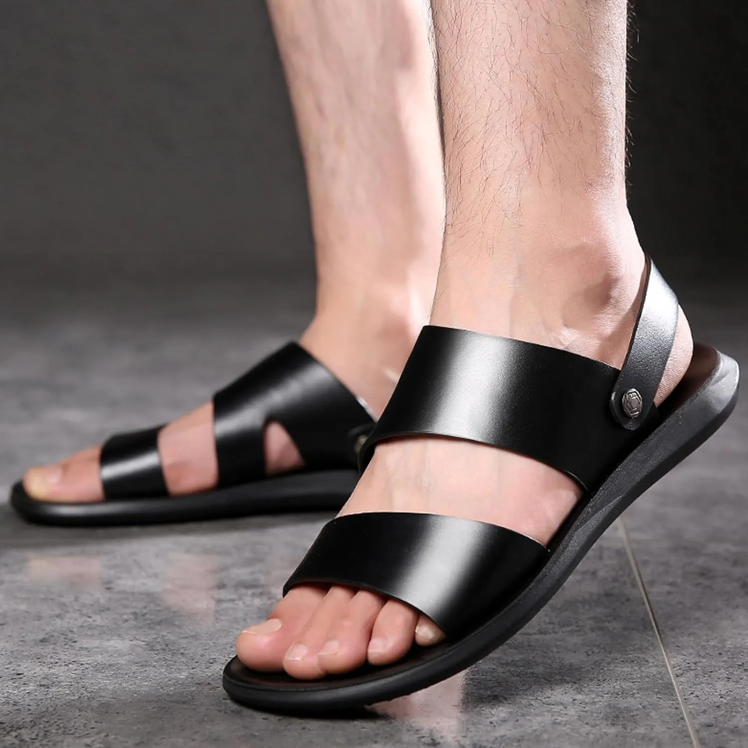 Men's Leather Dual Use Casual Flat Sandals Comfortable Breatheable Non-Slip Slip-on Summer Open Toe Beach Sandals for Outdoor Walking Hiking Driving