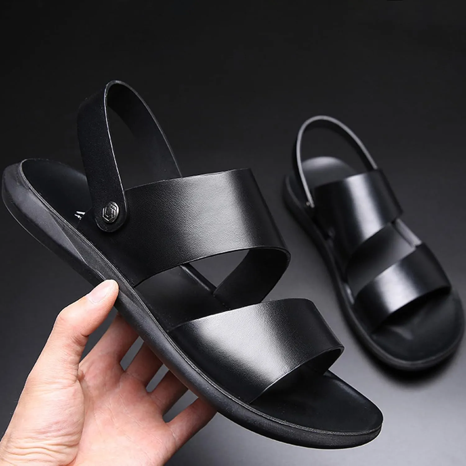 Men's Leather Dual Use Casual Flat Sandals Comfortable Breatheable Non-Slip Slip-on Summer Open Toe Beach Sandals for Outdoor Walking Hiking Driving