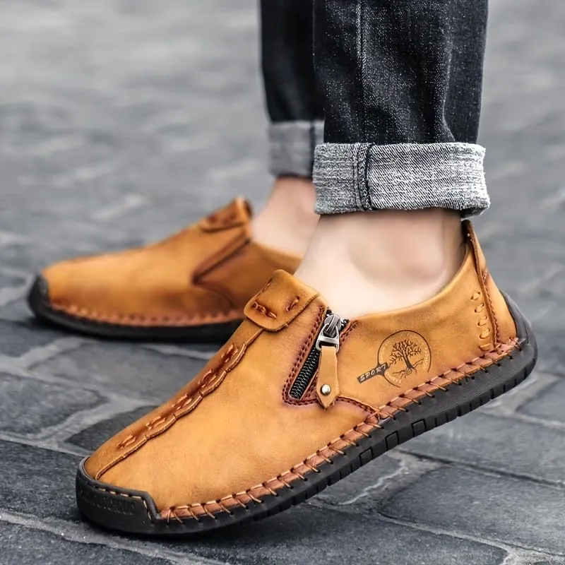 Men's Loafer Shoes with Side Zipper, Comfy Non-Slip Slip On Shoes, Men's Leather Shoes, Breathable Comfortable Casual Shoes