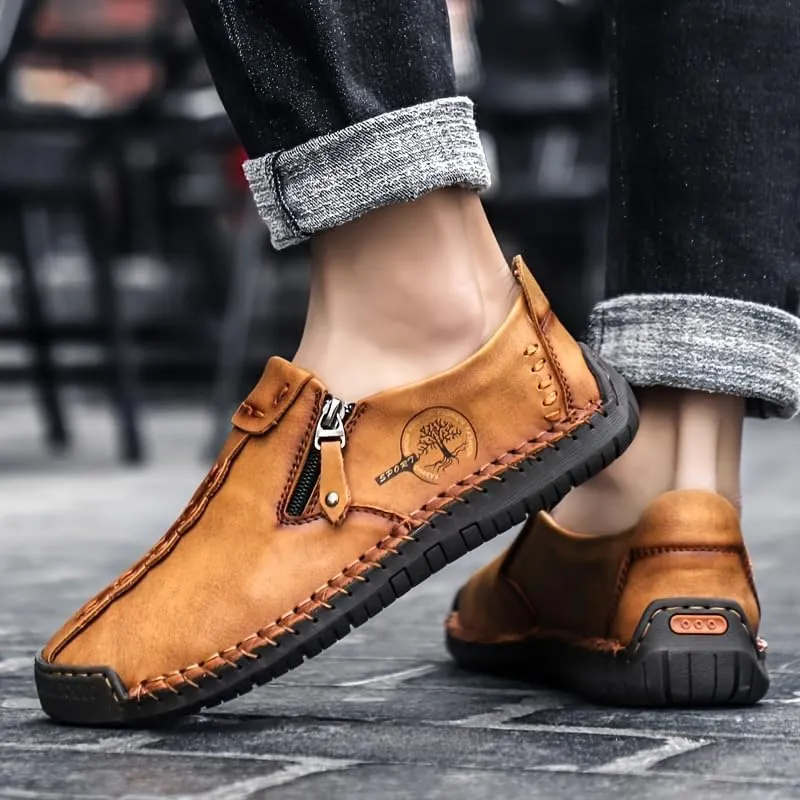 Men's Loafer Shoes with Side Zipper, Comfy Non-Slip Slip On Shoes, Men's Leather Shoes, Breathable Comfortable Casual Shoes
