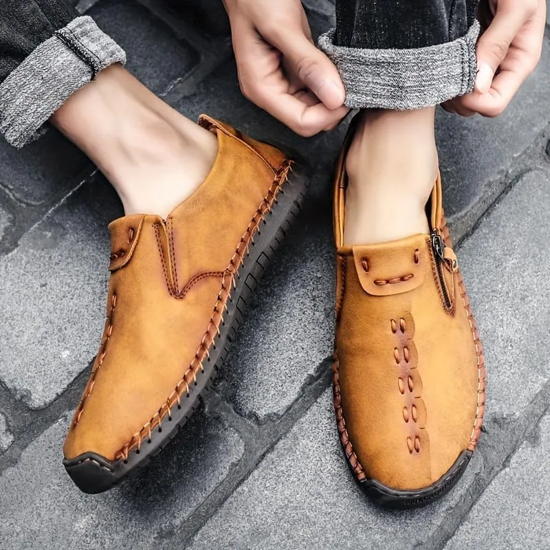 Men's Loafer Shoes with Side Zipper, Comfy Non-Slip Slip On Shoes, Men's Leather Shoes, Breathable Comfortable Casual Shoes