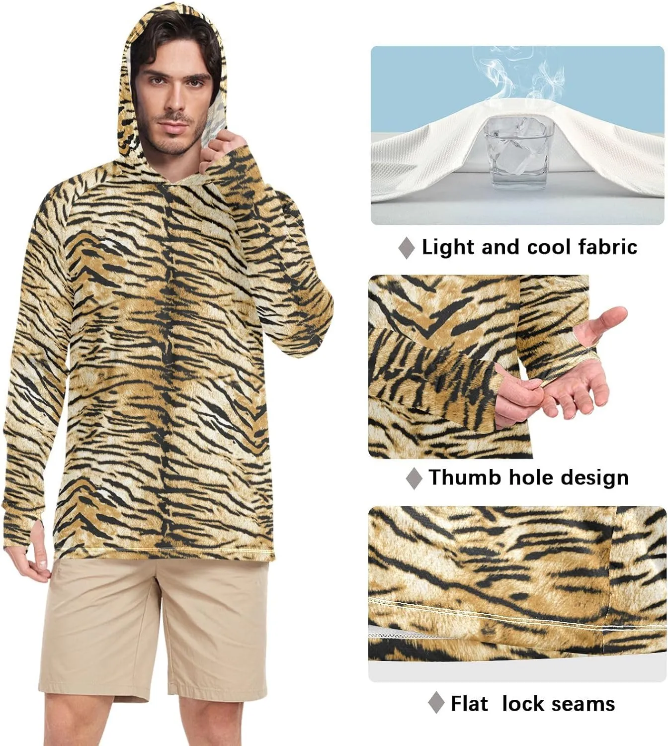 Mens Sun Protection Hoodie Long Sleeve Tigers UPF 50 Mens Sun Shirt Beach Hoodies Rash Guard Hooded