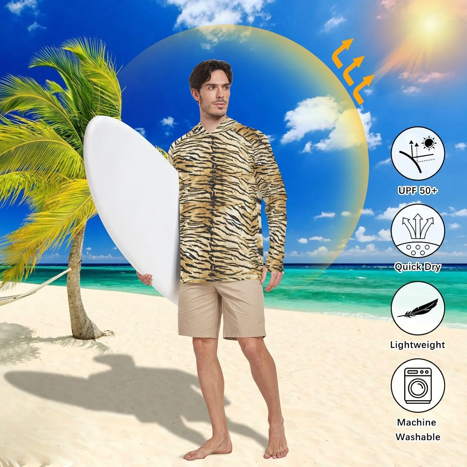 Mens Sun Protection Hoodie Long Sleeve Tigers UPF 50 Mens Sun Shirt Beach Hoodies Rash Guard Hooded