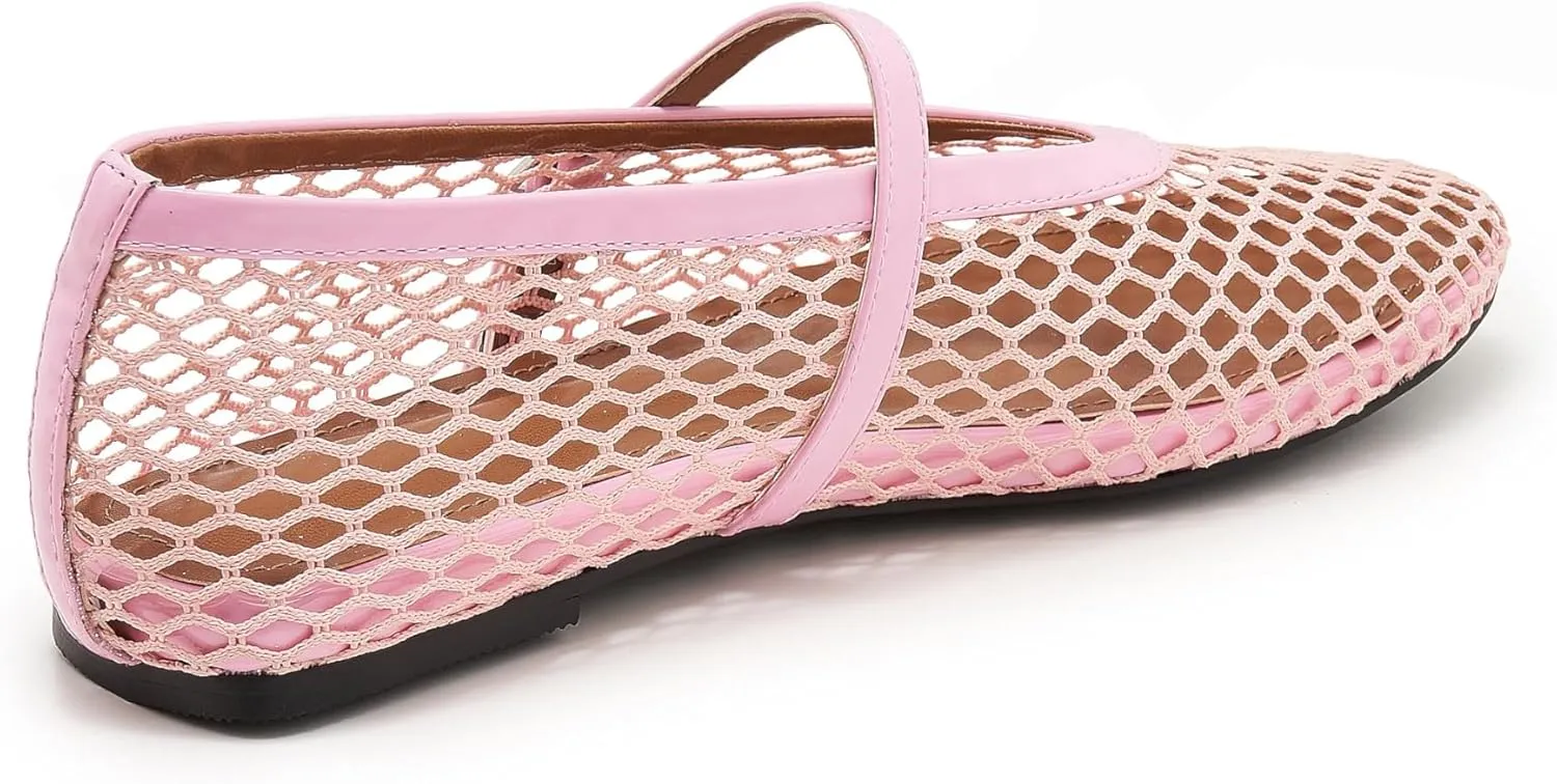 Mesh Ballet Flats for Women Buckle Strap Comfy Casual Office Mary Jane Flat Fishnet Ballerina Flat Shoes