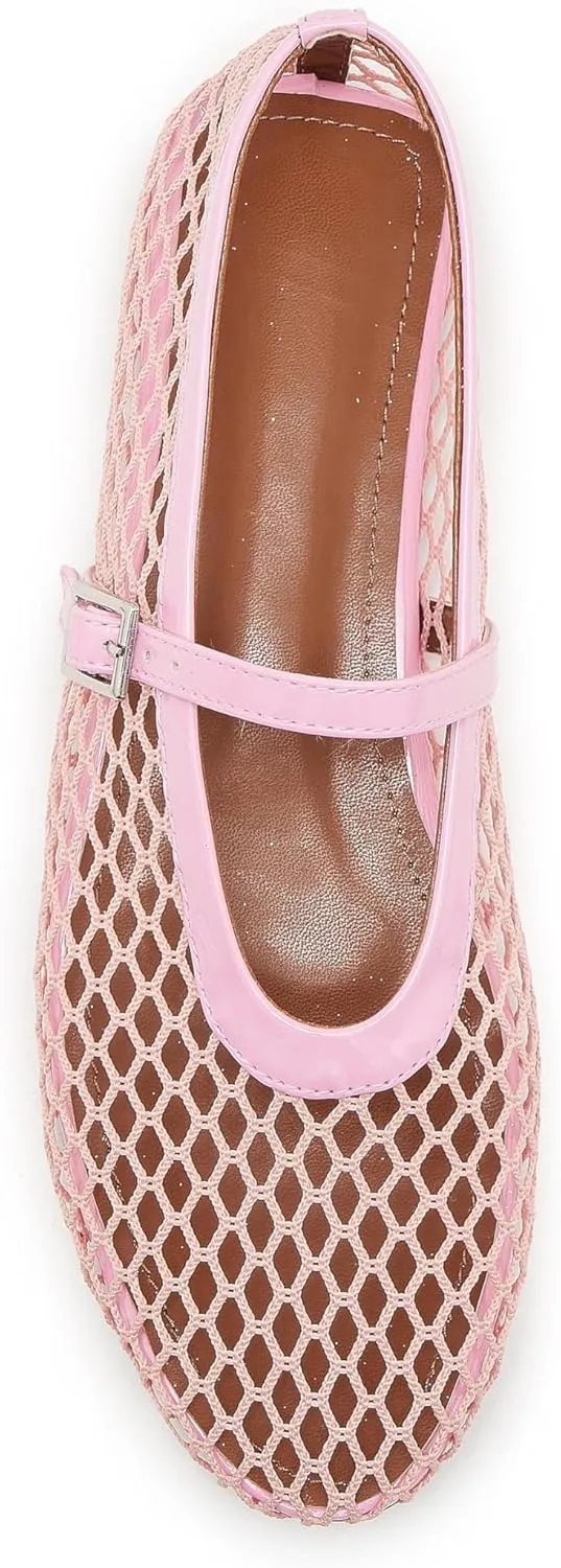 Mesh Ballet Flats for Women Buckle Strap Comfy Casual Office Mary Jane Flat Fishnet Ballerina Flat Shoes