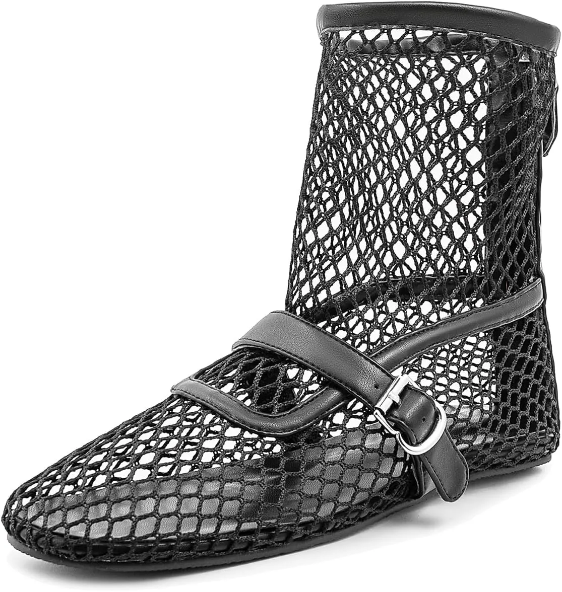 Mesh Ballet Flats Shoes for Women Round Toe Flat Boots Buckle Strap Womens Flats Shoes Comfy Casual Office Daily Dress Flats
