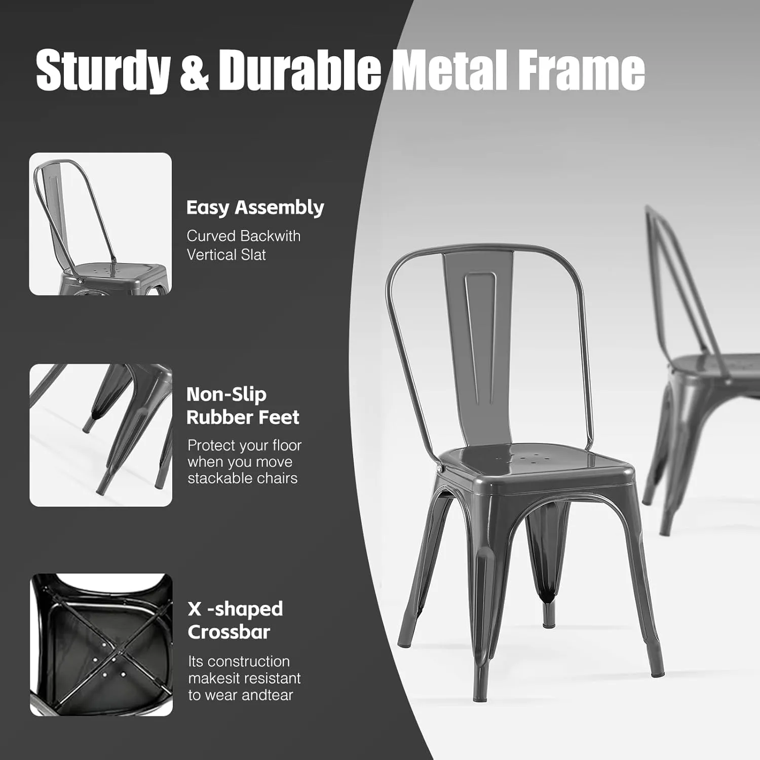 Metal Kitchen Chairs Set of 4 Industrial Stackable Metal Chairs,for Kitchen Dining Rooms Cafes Restaurant Outdoor Deepspace Grey Color