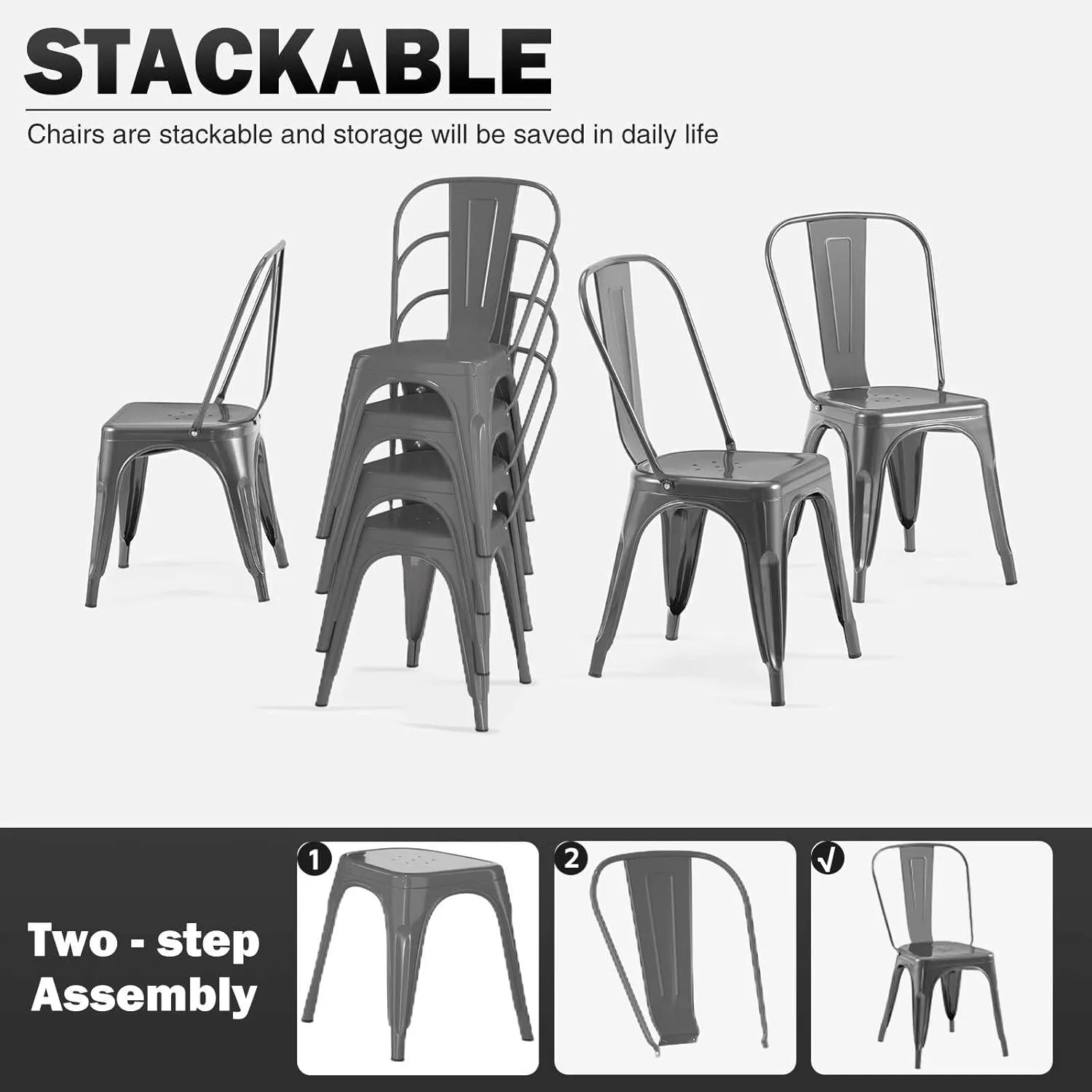 Metal Kitchen Chairs Set of 4 Industrial Stackable Metal Chairs,for Kitchen Dining Rooms Cafes Restaurant Outdoor Deepspace Grey Color