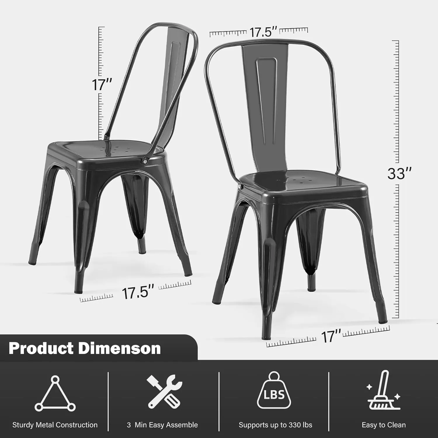 Metal Kitchen Chairs Set of 4 Industrial Stackable Metal Chairs,for Kitchen Dining Rooms Cafes Restaurant Outdoor Deepspace Grey Color