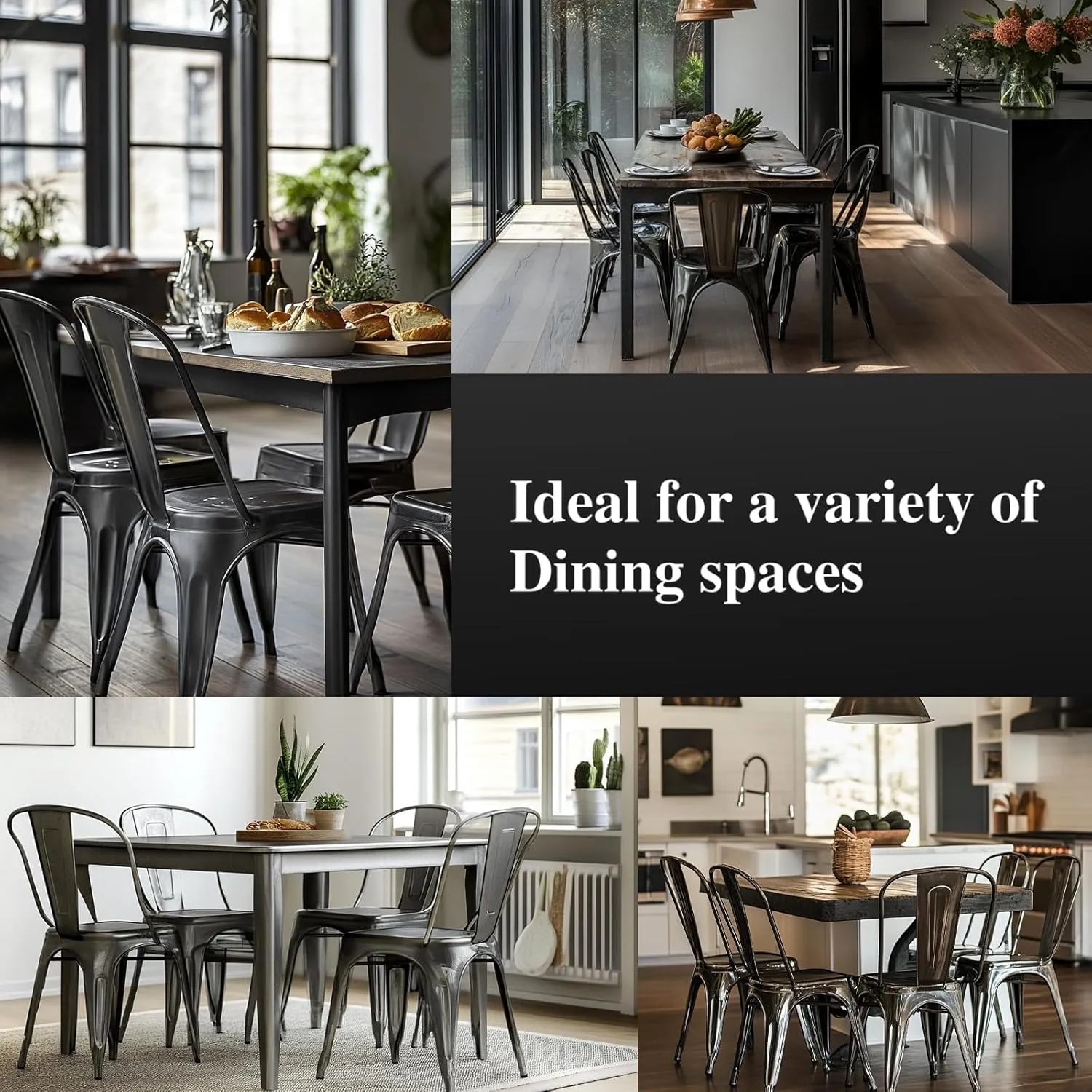 Metal Kitchen Chairs Set of 4 Industrial Stackable Metal Chairs,for Kitchen Dining Rooms Cafes Restaurant Outdoor Deepspace Grey Color