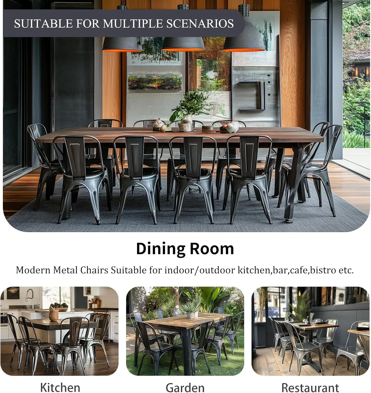 Metal Kitchen Chairs Set of 4 Industrial Stackable Metal Chairs,for Kitchen Dining Rooms Cafes Restaurant Outdoor Deepspace Grey Color