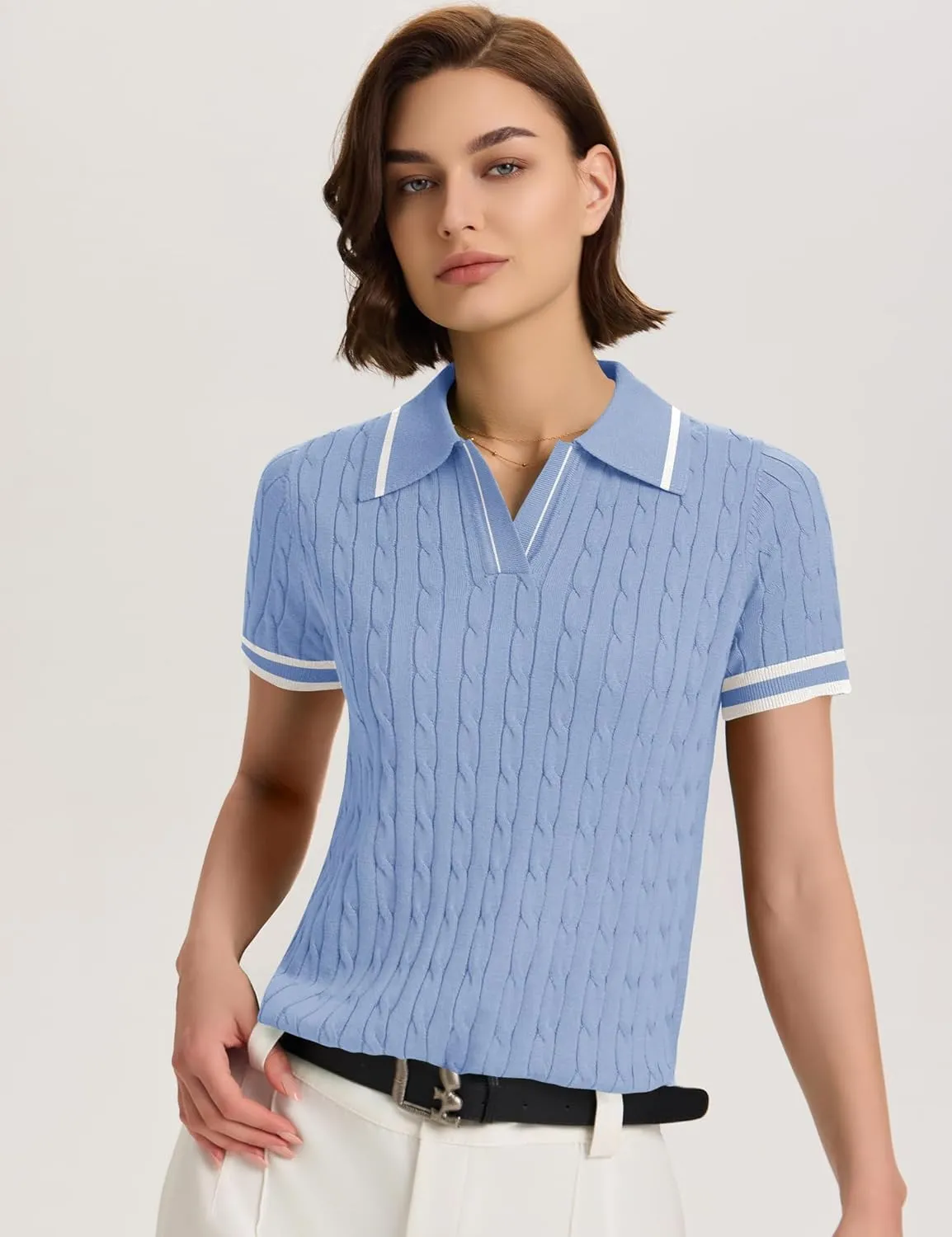 Micoson Womens Short Sleeve Lightweight Sweater Tops Lapel V Neck Cable Knit Polo Shirts Summer Loose Casual Outfits 2025