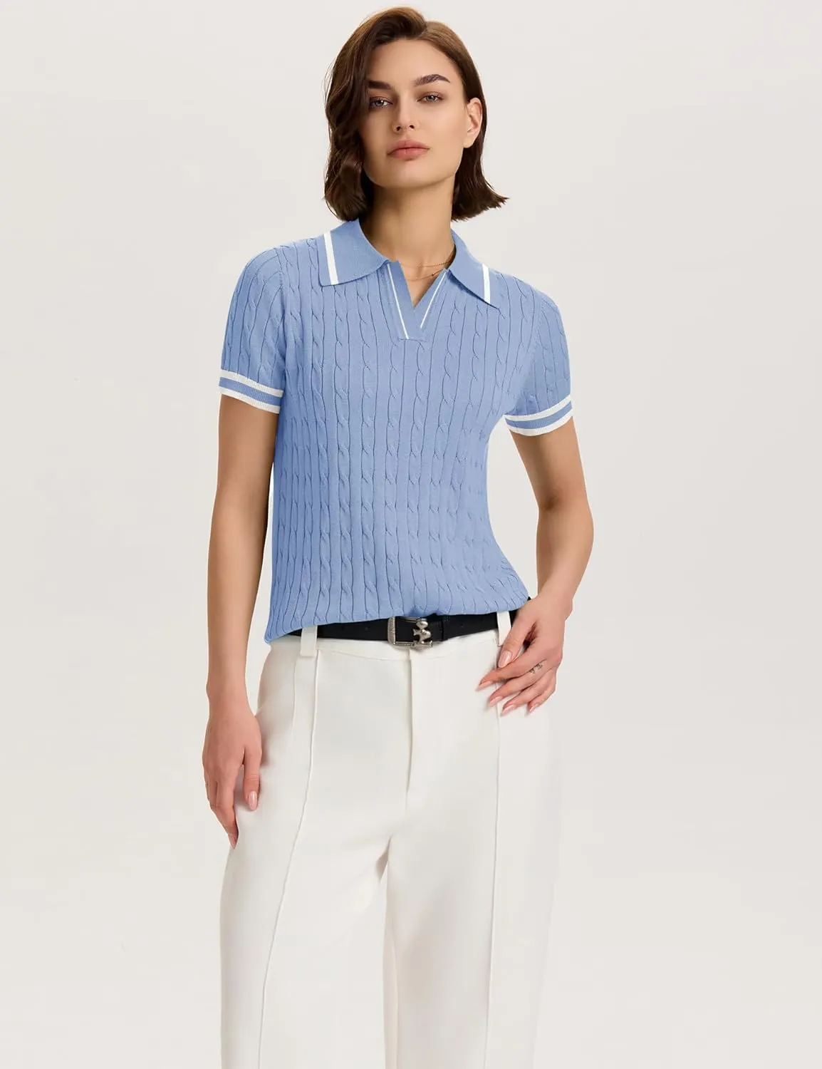 Micoson Womens Short Sleeve Lightweight Sweater Tops Lapel V Neck Cable Knit Polo Shirts Summer Loose Casual Outfits 2025