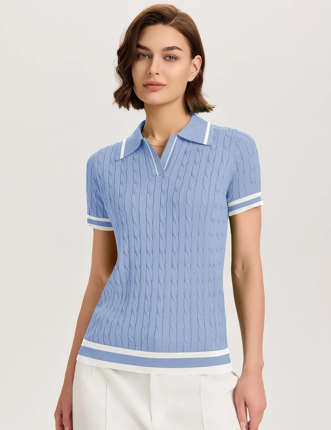 Micoson Womens Short Sleeve Lightweight Sweater Tops Lapel V Neck Cable Knit Polo Shirts Summer Loose Casual Outfits 2025