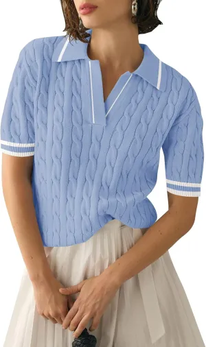 Micoson Womens Short Sleeve Lightweight Sweater Tops Lapel V Neck Cable Knit Polo Shirts Summer Loose Casual Outfits 2025