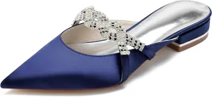 Minishion Wedding Flats Bride Shoes Womens Backless Comfy Evening Dress Mules Shoes with Rhinestone BR158